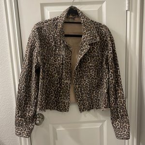 Free People Cropped Denim Leopard Print Jacket